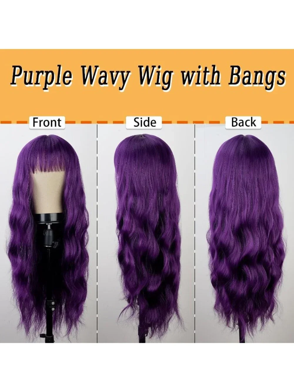 Women's Dark Purple 26 Inch Natural Looking Synthetic Fiber Long Wavy Wigs Bangs